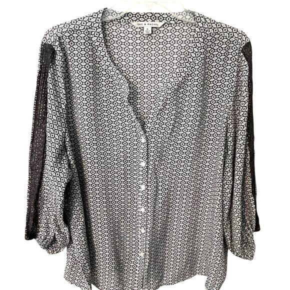 Zac & Rachel Button Blouse Womens XL Gray White Geometric Lacy Career Top - Picture 1 of 7